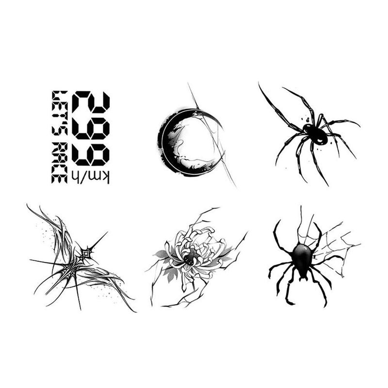 Spider hand back juice herbal temporary tattoo stickers, waterproof, sweatproof, long-lasting, number design, unisex, trendy, high-end, 6-piece set.